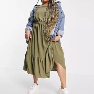 NWT ASOS DESIGN Curve ruched back tiered midaxi sundress in khaki Plus Sz 24